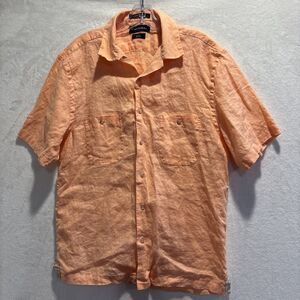 Paul Frederick Men's Slim Fit Short Sleeve Button Up Linen Shirt Orange Large
